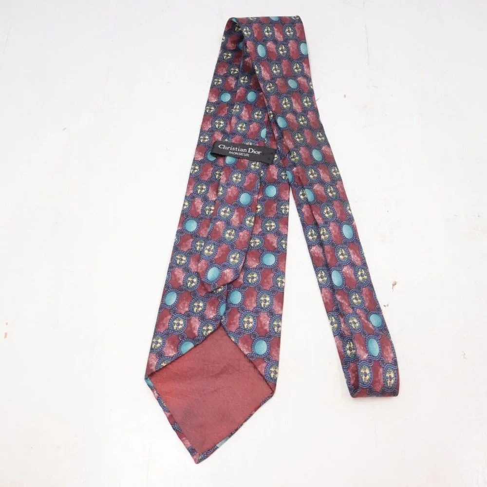 Mens Tie Christian Dior Monsieur Maroon Blue Geometric Round Pattern Classiccore